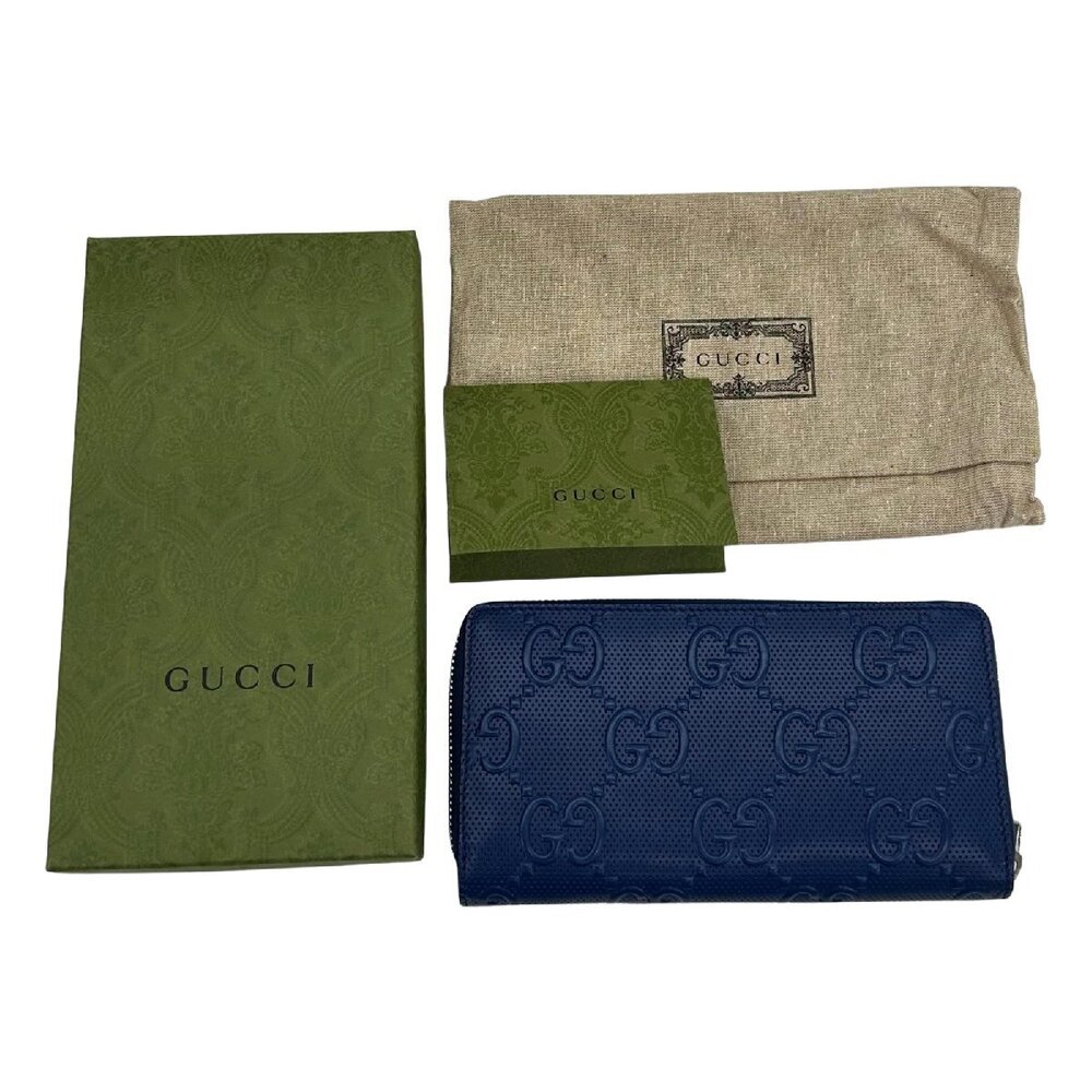 GUCCI GG Embossed Wallet Round Zipper Long Blue